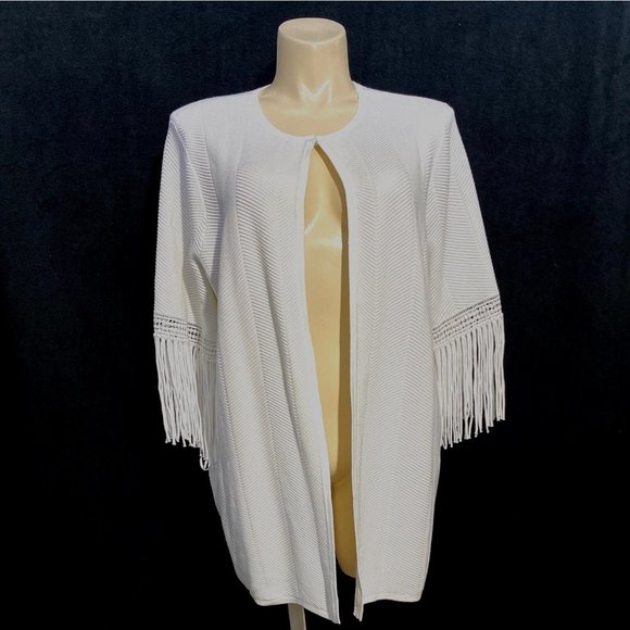 Travelers Collection Chicos 4 Cardigan Sweater White Fringe Crochet Trim Sl - Picture 1 of 9